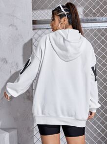 SHEIN EZwear Sudadera con capucha de talla grande con gráfico de letras y hombros caídos con cordón - Blanco - Ver 2