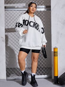 SHEIN EZwear Sudadera con capucha de talla grande con gráfico de letras y hombros caídos con cordón - Blanco - Ver 3