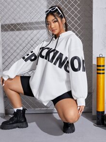 SHEIN EZwear Sudadera con capucha de talla grande con gráfico de letras y hombros caídos con cordón - Blanco - Ver 5