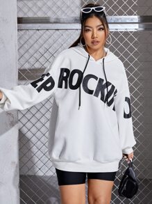 SHEIN EZwear Sudadera con capucha de talla grande con gráfico de letras y hombros caídos con cordón - Blanco - Ver 6
