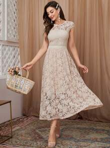 花卉蕾絲罩袖後拉鏈連衣裙 - 杏色 - 查看 1