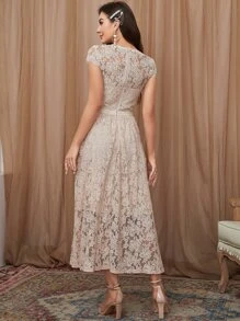 花卉蕾絲罩袖後拉鏈連衣裙 - 杏色 - 查看 2