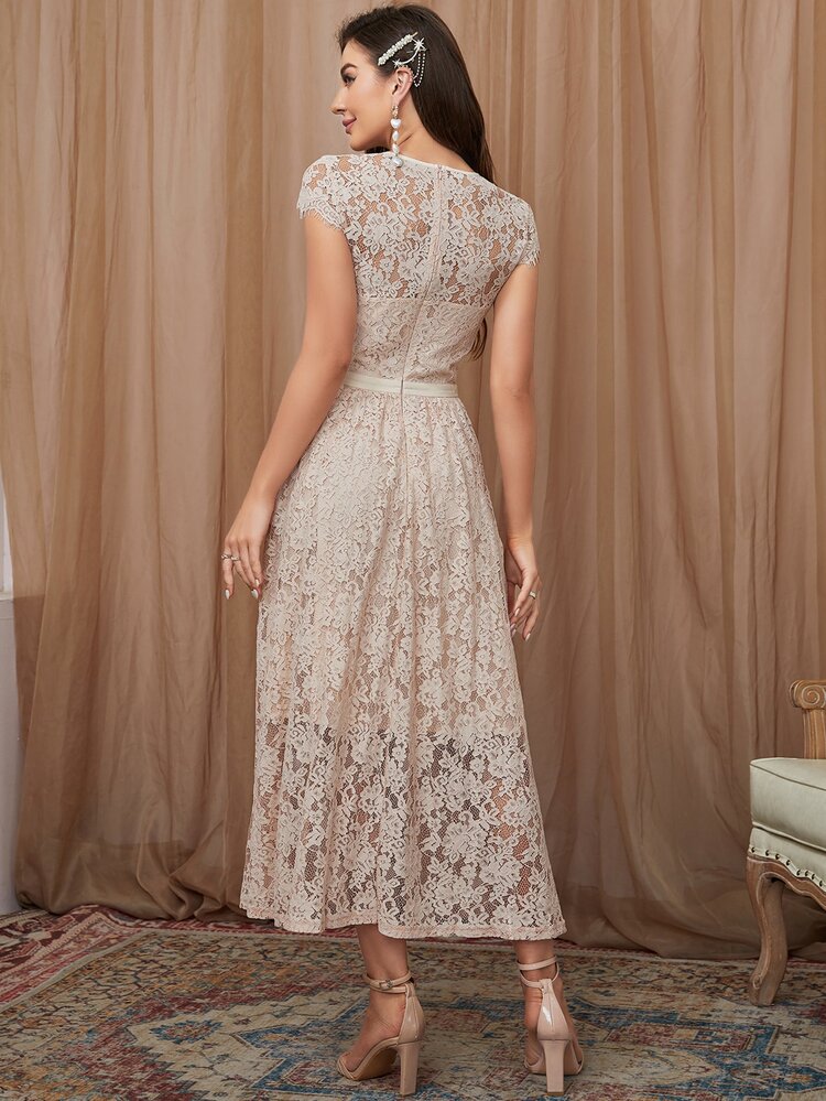 Vestido con encaje floral de manga casquillo con cremallera trasera - Albaricoque - Añade 2