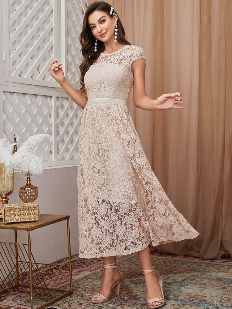 Vestido con encaje floral de manga casquillo con cremallera trasera - Albaricoque - Añade 3