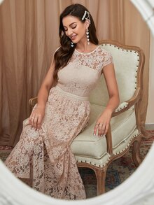 花卉蕾絲罩袖後拉鏈連衣裙 - 杏色 - 查看 5