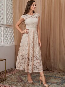 花卉蕾絲罩袖後拉鏈連衣裙 - 杏色 - 查看 6