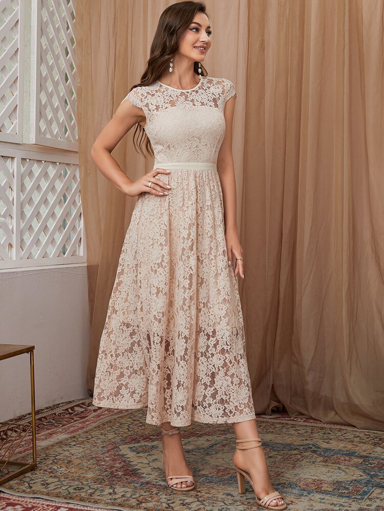Vestido con encaje floral de manga casquillo con cremallera trasera - Albaricoque - Añade 6
