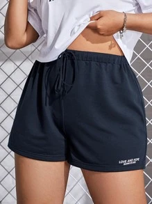 SHEIN EZwear Plus Slogan Graphic Drawstring Waist Shorts - Navy Blue - View 1
