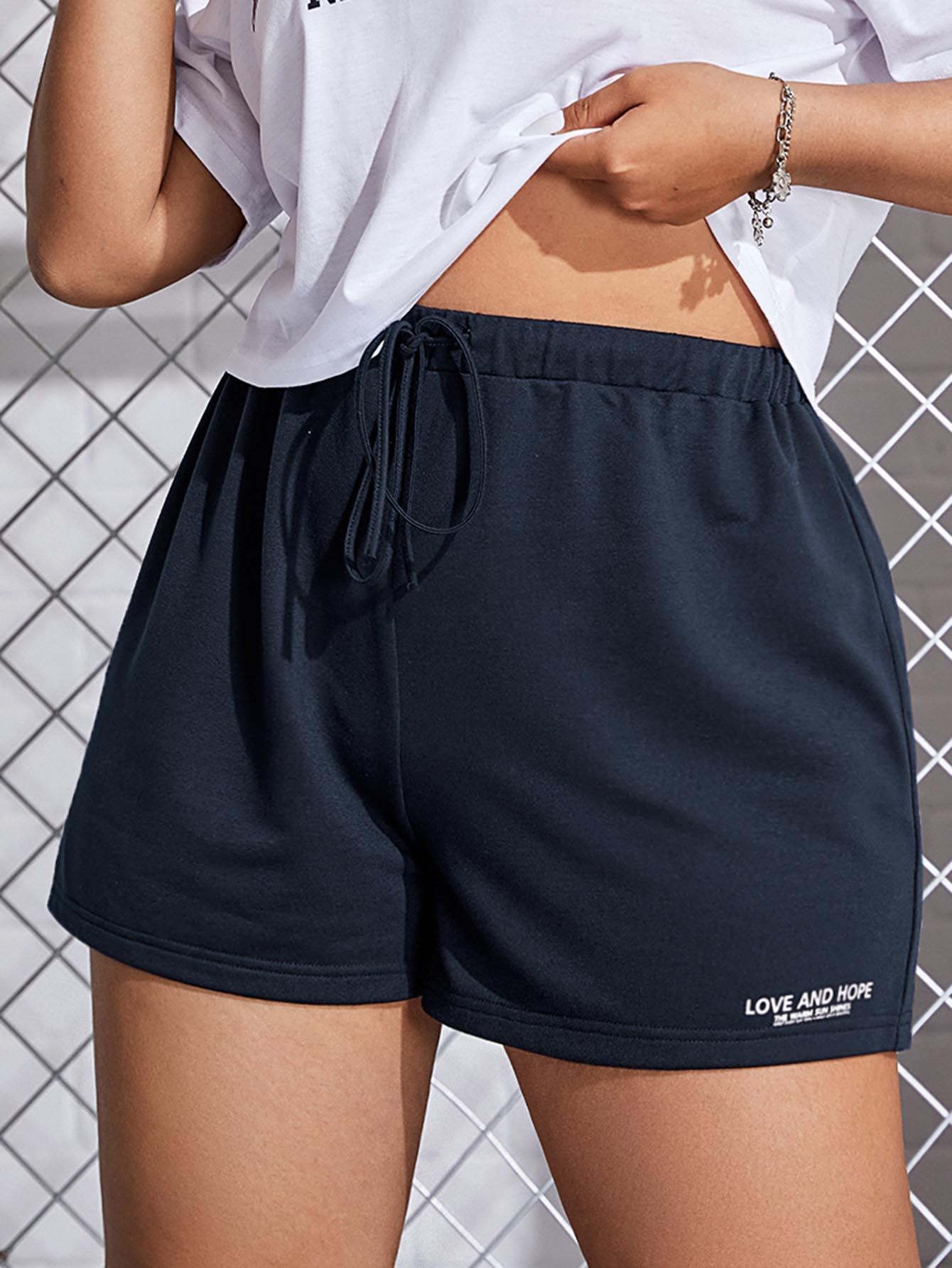 SHEIN EZwear Plus Slogan Graphic Drawstring Waist Shorts - Navy Blue - View 1