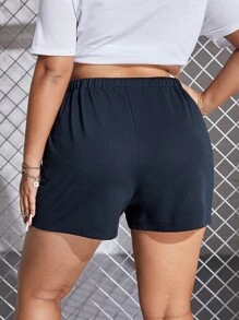 SHEIN EZwear Plus Slogan Graphic Drawstring Waist Shorts - Navy Blue - View 2