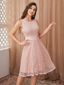 Vestido unicolor con encaje - Rosa - Ver 1