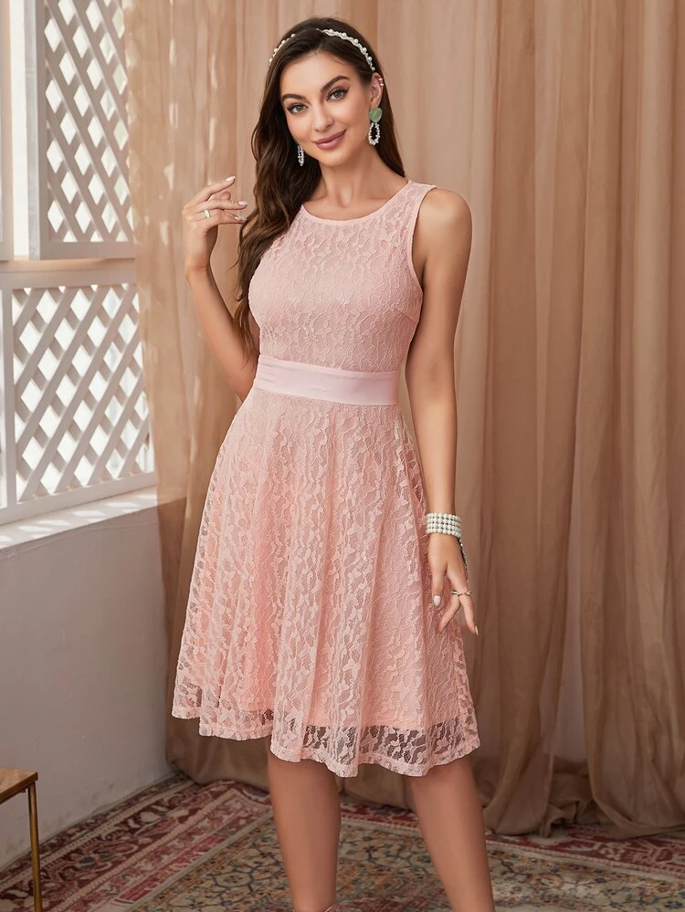 Solid Lace Overlay Dress | SHEIN USA