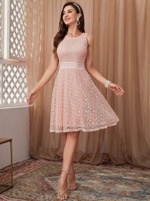 Vestido unicolor con encaje - Rosa - Ver 6