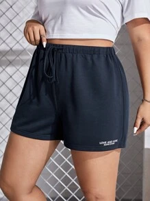 SHEIN EZwear Plus Slogan Graphic Drawstring Waist Shorts - Navy Blue - View 5