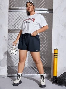 SHEIN EZwear Plus Slogan Graphic Drawstring Waist Shorts - Navy Blue - View 6