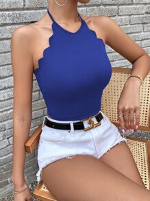 SHEIN Essnce Scallop Trim Tied Backless Halter Top - Blue - View 3