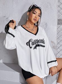 SHEIN EZwear Áo thun Plus size Tương phản ràng buộc Lá thư Giải trí - trắng - Xem 3