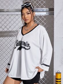 SHEIN EZwear Áo thun Plus size Tương phản ràng buộc Lá thư Giải trí - trắng - Xem 4