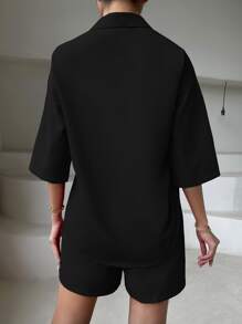 Chiquease Camisa unicolor de hombros caídos & Shorts - Negro - Ver 2