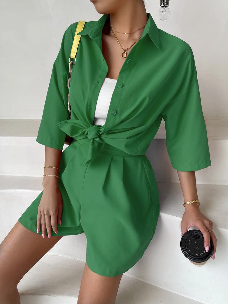Solid Drop Shoulder Shirt & Shorts - Green - View 3