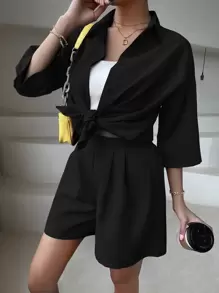 Chiquease Camisa unicolor de hombros caídos & Shorts - Negro - Ver 6