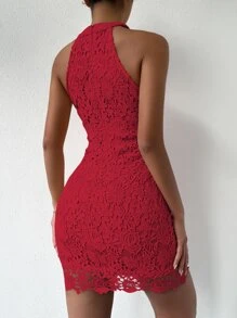 SHEIN Privé Guipure Lace Zipper Back Halter Neck Bodycon Dress - Burgundy - View 2