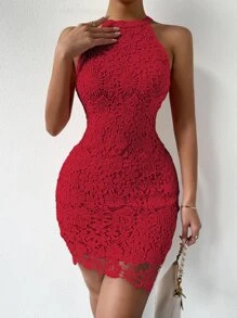 SHEIN Privé Guipure Lace Zipper Back Halter Neck Bodycon Dress - Burgundy - View 5