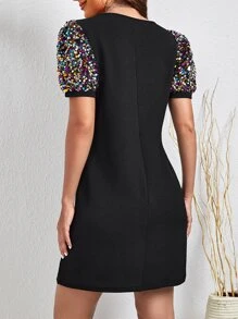 SHEIN Clasi Puff Sleeve Contrast Sequin Tunic Dress - Black - View 2