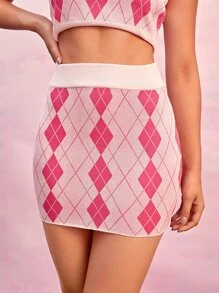 High Waist Argyle Pattern Knit Skirt - Multicolor - View 1