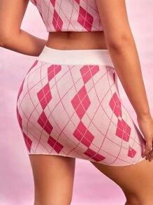 High Waist Argyle Pattern Knit Skirt - Multicolor - View 2