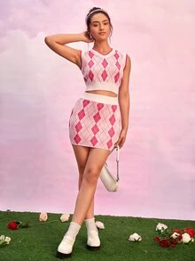 High Waist Argyle Pattern Knit Skirt - Multicolor - View 3