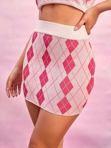 High Waist Argyle Pattern Knit Skirt - Multicolor - View 4