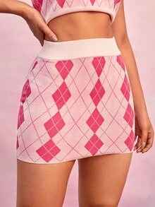 High Waist Argyle Pattern Knit Skirt - Multicolor - View 5