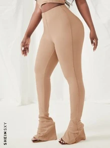 Slaydiva Ribbed Knit Bootcut Leg Trousers - Apricot - View 2