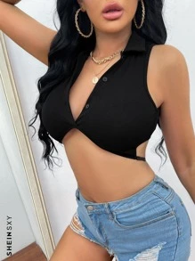 SHEIN SXY Button Up Crop Tank Top - Black - View 1