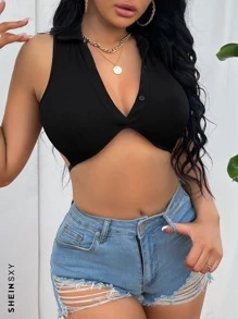 SHEIN SXY Button Up Crop Tank Top - Black - View 3
