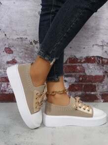 綁帶式前鞋面帆布鞋,女士大尺碼休閒鞋歐美新款飛織透氣舒適女鞋卡其色休閒鞋 - 卡其色 - 查看 2