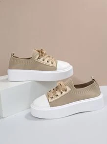 綁帶式前鞋面帆布鞋,女士大尺碼休閒鞋歐美新款飛織透氣舒適女鞋卡其色休閒鞋 - 卡其色 - 查看 3