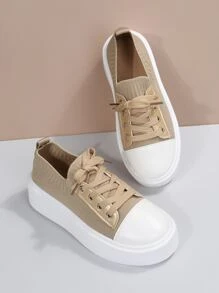 綁帶式前鞋面帆布鞋,女士大尺碼休閒鞋歐美新款飛織透氣舒適女鞋卡其色休閒鞋 - 卡其色 - 查看 5