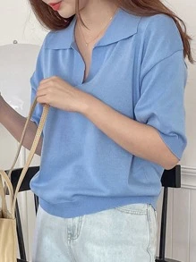 DAZY Parte Superior De Punto Sólido Con Hombro Caído - Celeste - Ver 5