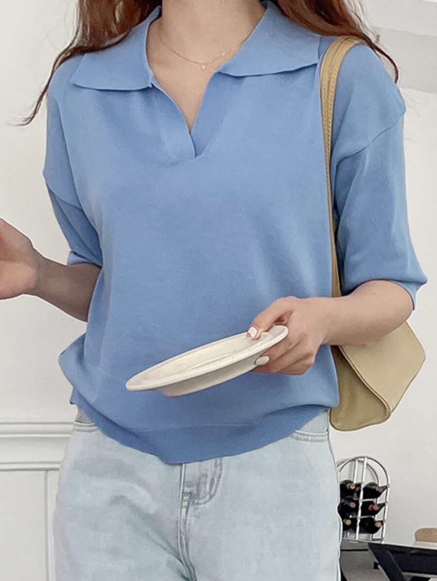 DAZY Parte Superior De Punto Sólido Con Hombro Caído - Celeste - Ver 1