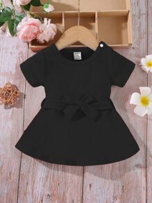 Baby Solid Belted Tee Dress - Black - View 1