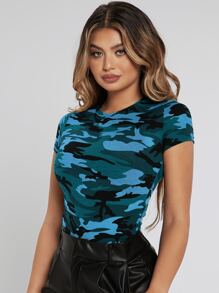 SHEIN SXY Áo thun nữ Ngụy trang Giải trí - Màu xanh lam - Xem 6