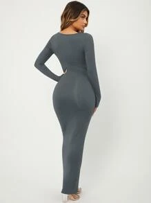 SHEIN SXY Solid Maxi Bodycon Dress - Dark Grey - View 2