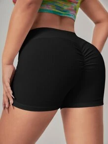 SHEIN SXY 緊縮褶皺臀部寬腰帶騎行褲 - 黑色 - 查看 1