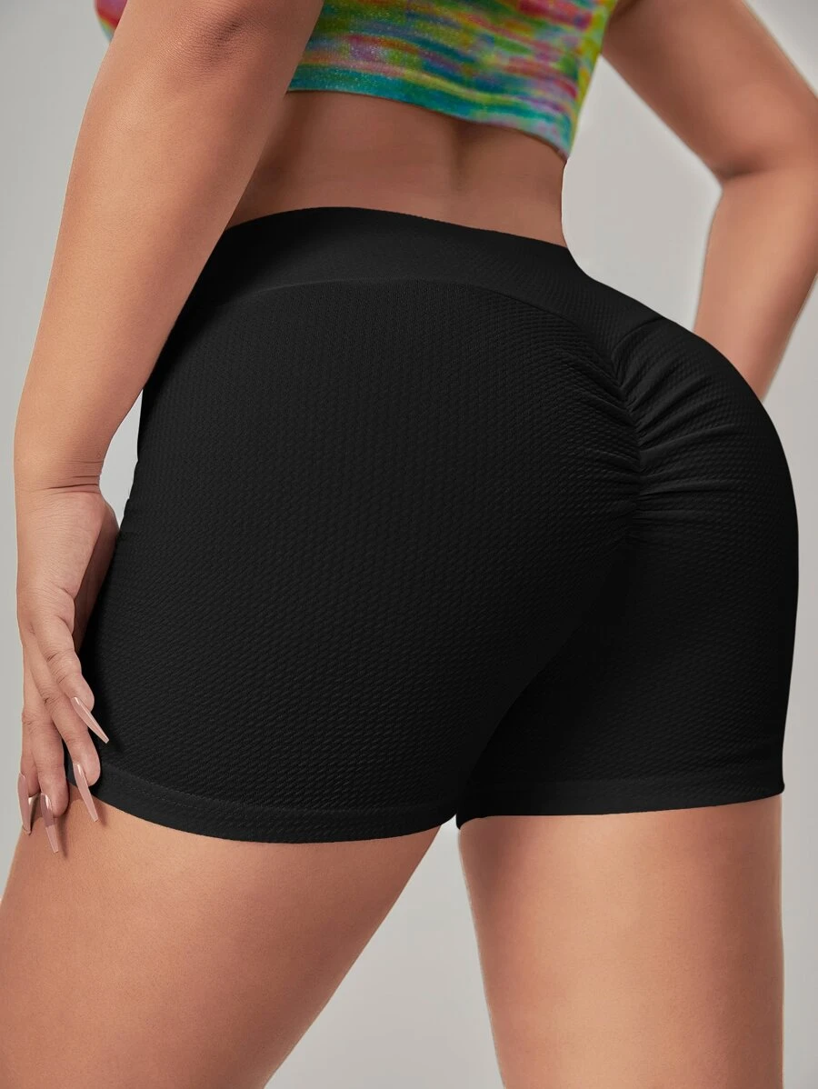 SHEIN SXY 緊縮褶皺臀部寬腰帶騎行褲 - 黑色 - 查看 1