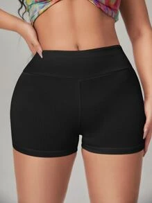 SHEIN SXY 緊縮褶皺臀部寬腰帶騎行褲 - 黑色 - 查看 2