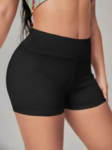 SHEIN SXY 緊縮褶皺臀部寬腰帶騎行褲 - 黑色 - 查看 5