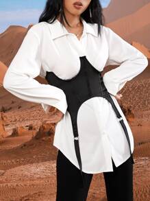 Button Up Shirt & Lace Up Back Corset - Black and White - View 3