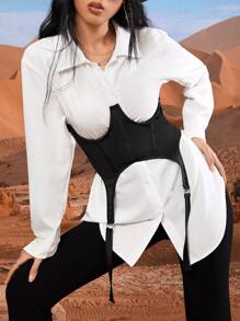 Button Up Shirt & Lace Up Back Corset - Black and White - View 4